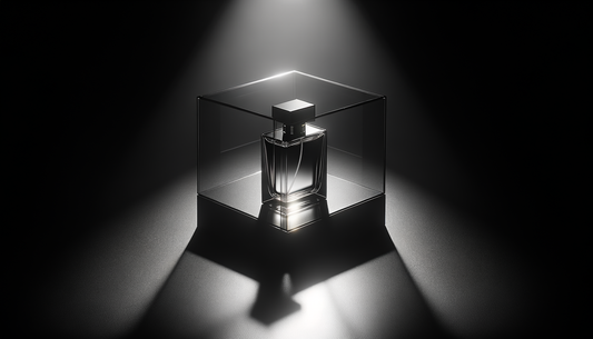 luxurious perfume bottle on glossy black surface with soft light and elegant shadows