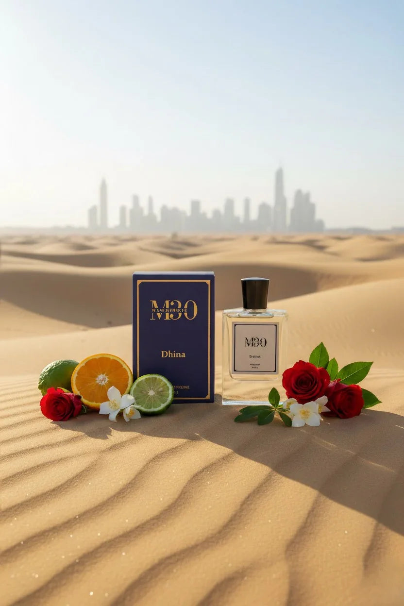 Perfume bottle and box with citrus fruits, roses, and flowers on desert sand, city skyline in background