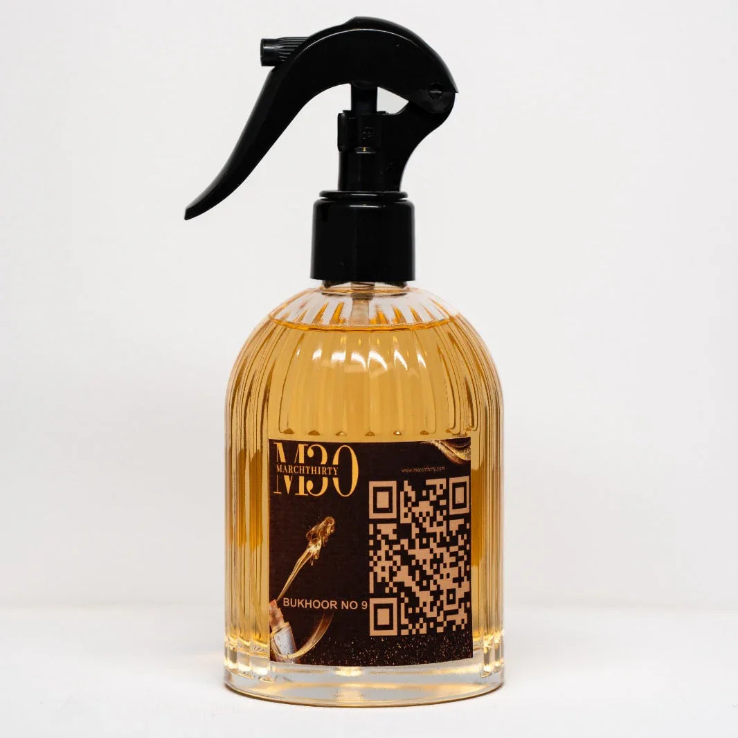 Bukhoor No 9 room spray bottle with black trigger and amber fragrance liquid